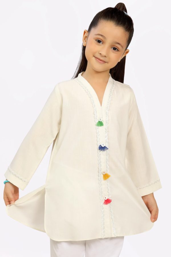 Off White Yarn Dyed Girls Kurti Sale