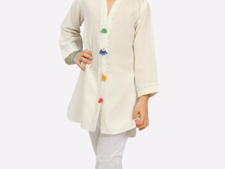 Off White Yarn Dyed Girls Kurti Sale