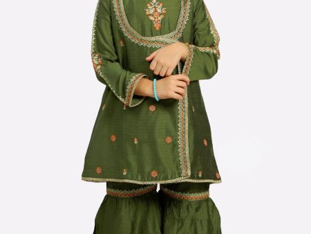 Olive Paper Silk Girls 2PC Suit Online