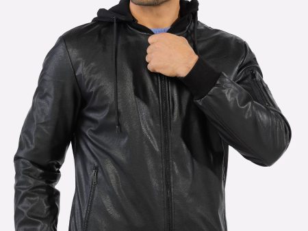 Mens Black Hooded Leather Jacket For Cheap