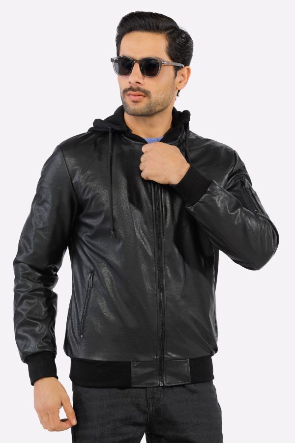 Mens Black Hooded Leather Jacket For Cheap