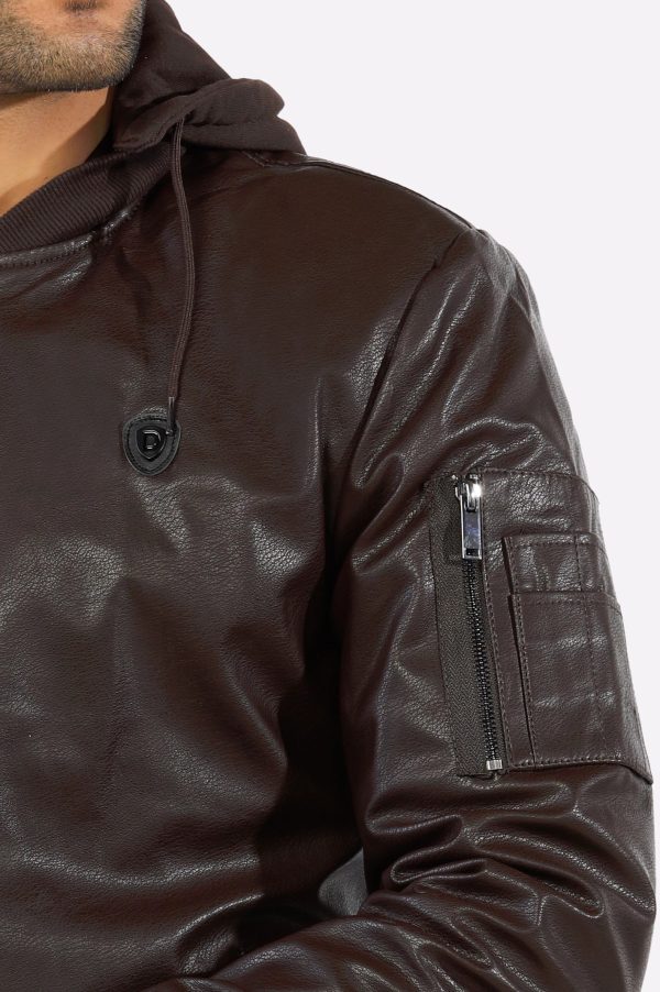 Dark Brown Hooded Leather Jacket Hot on Sale