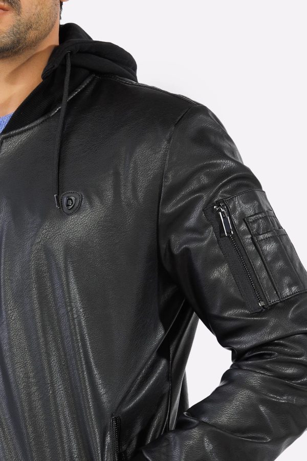 Mens Black Hooded Leather Jacket For Cheap