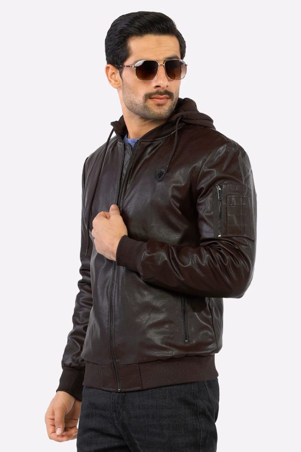 Dark Brown Hooded Leather Jacket Hot on Sale