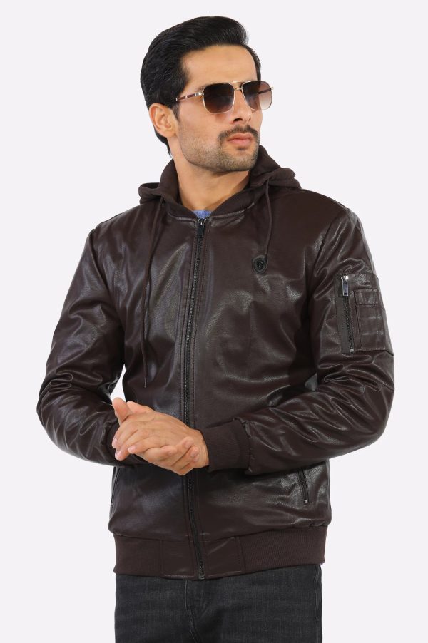 Dark Brown Hooded Leather Jacket Hot on Sale